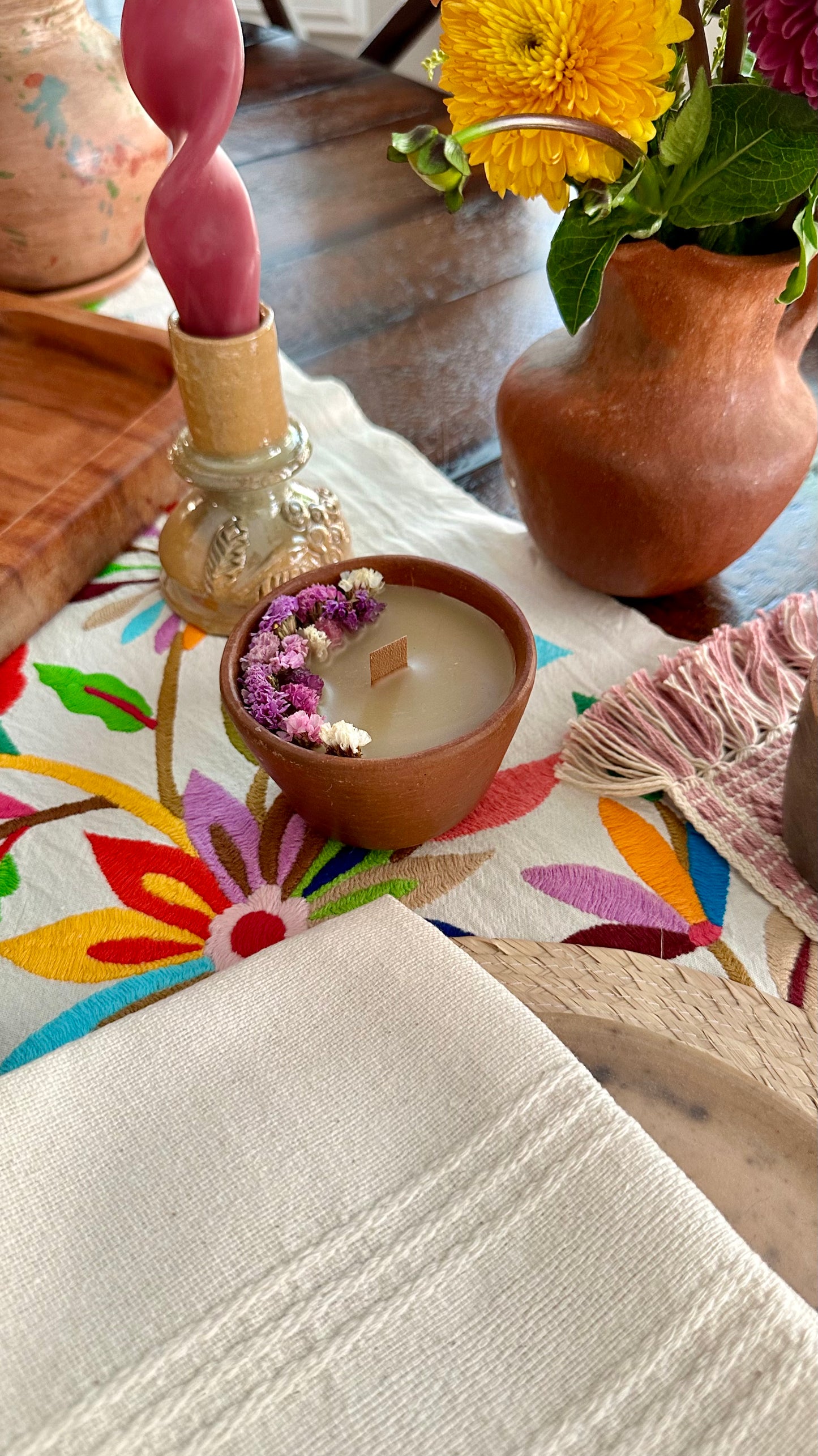 Florecita Floral Red Clay Candle Bowl